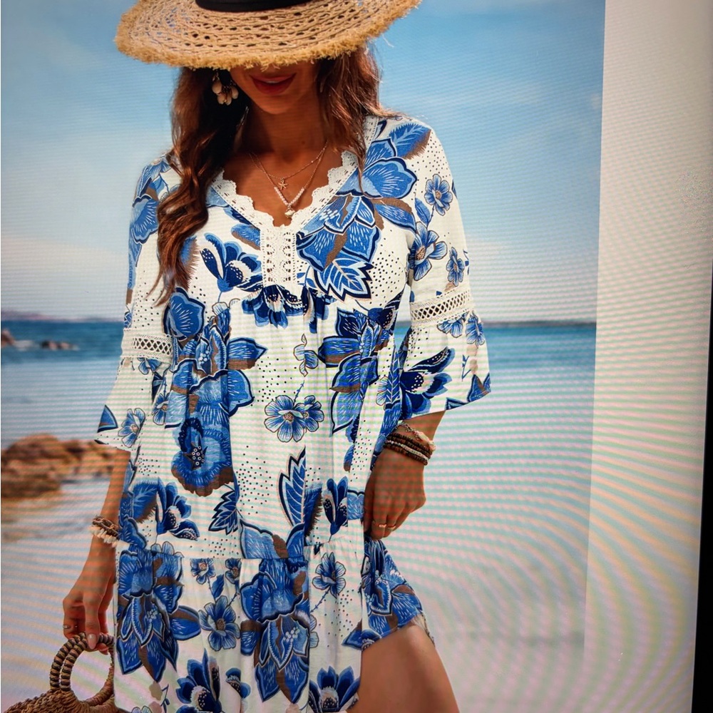 NEW ! Cupshe Blue and White Floral Midi Dress - Picture 11 of 15